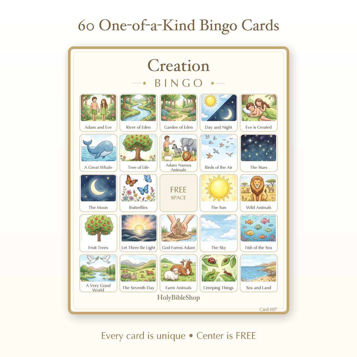 Creation Bingo | Printable Bible Bingo Game for Kids | 60 Cards Sunday School VBS Christian Watercolor PDF — image 2