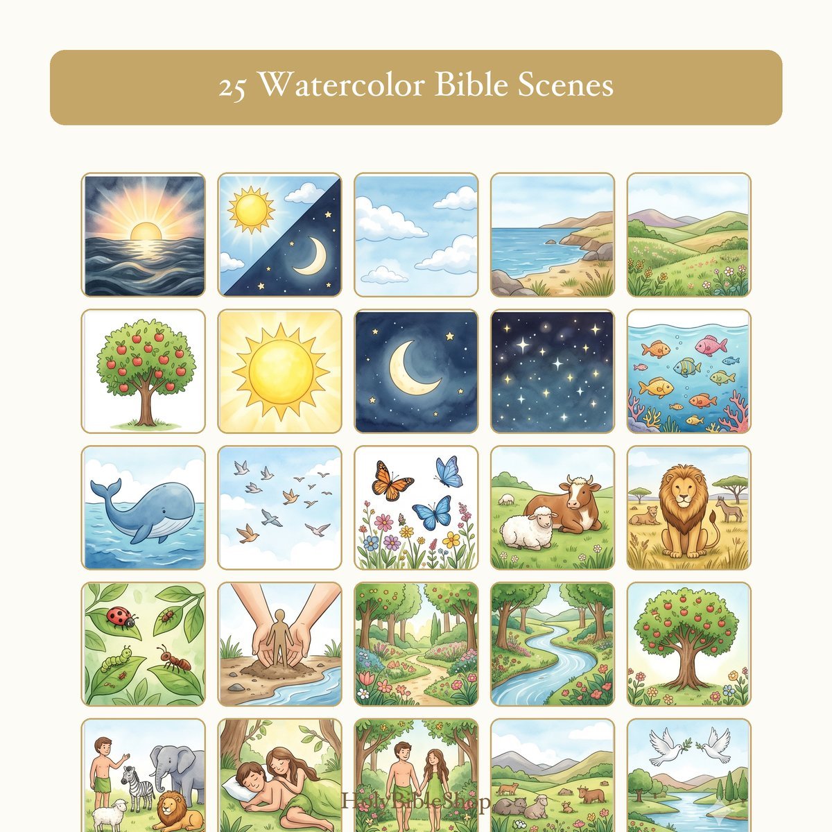 Creation Bingo | Printable Bible Bingo Game for Kids | 60 Cards Sunday School VBS Christian Watercolor PDF — image 3