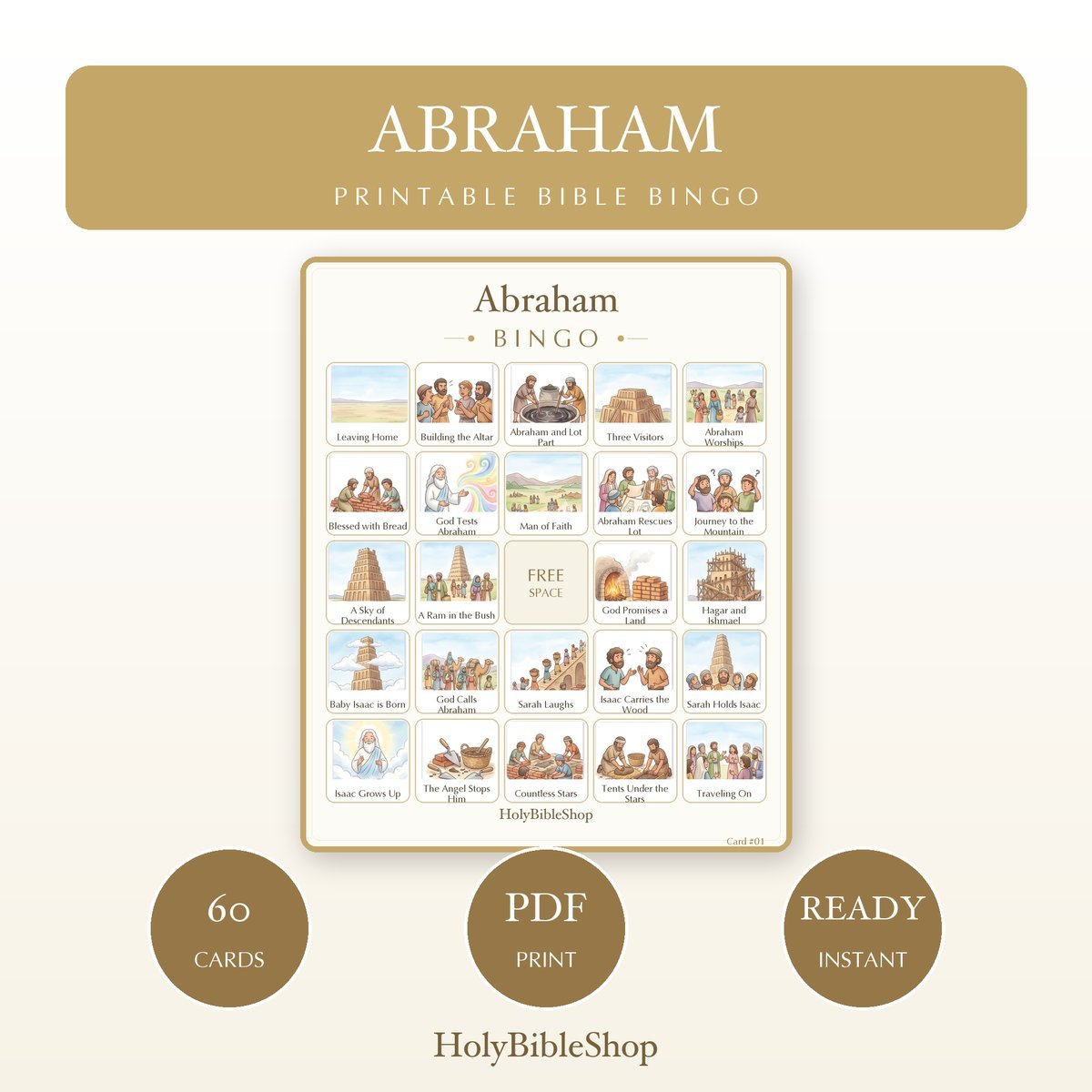 Abraham Bingo | Printable Bible Bingo Game for Kids | 60 Cards Sunday School VBS Christian Watercolor PDF