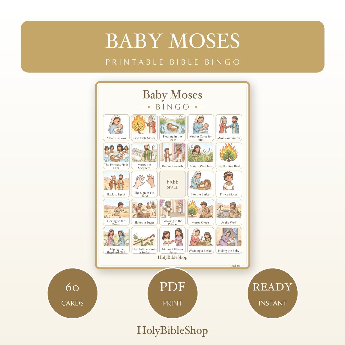 Baby Moses Bingo | Printable Bible Bingo Game for Kids | 60 Cards Sunday School VBS Christian Watercolor PDF