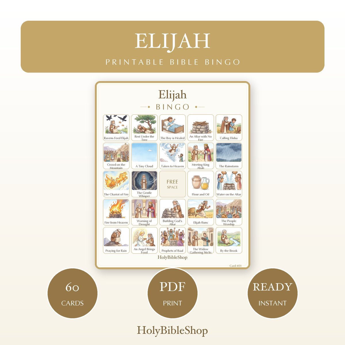 Elijah Bingo | Printable Bible Bingo Game for Kids | 60 Cards Sunday School VBS Christian Watercolor PDF