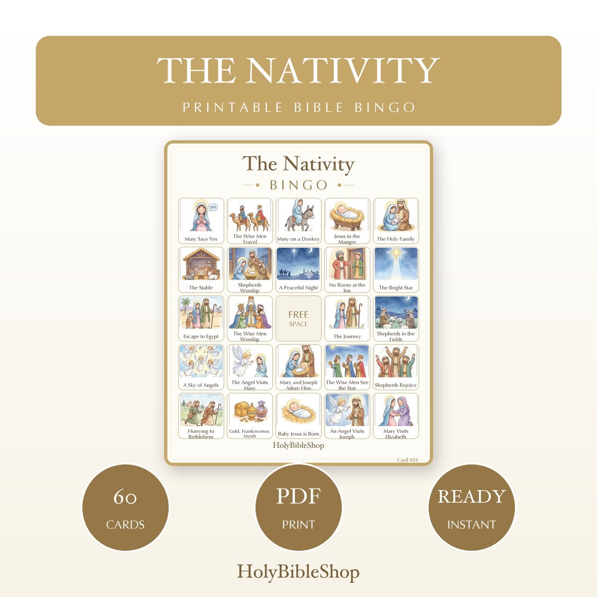 The Nativity Bingo | Printable Bible Bingo Game for Kids | 60 Cards Sunday School VBS Christian Watercolor PDF
