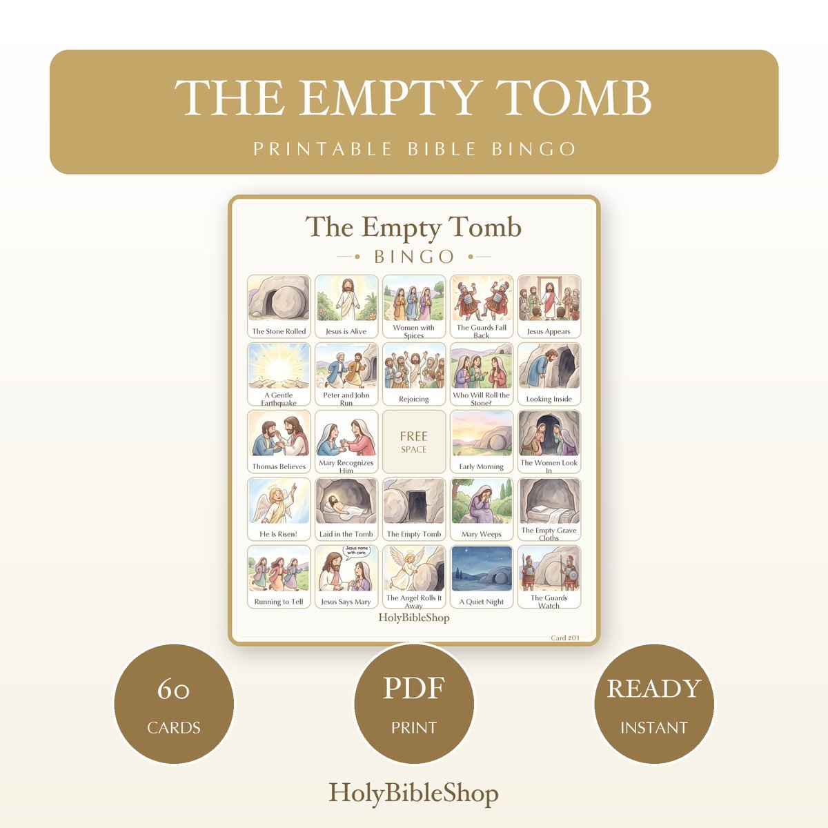 The Empty Tomb Bingo | Printable Bible Bingo Game for Kids | 60 Cards Sunday School VBS Christian Watercolor PDF
