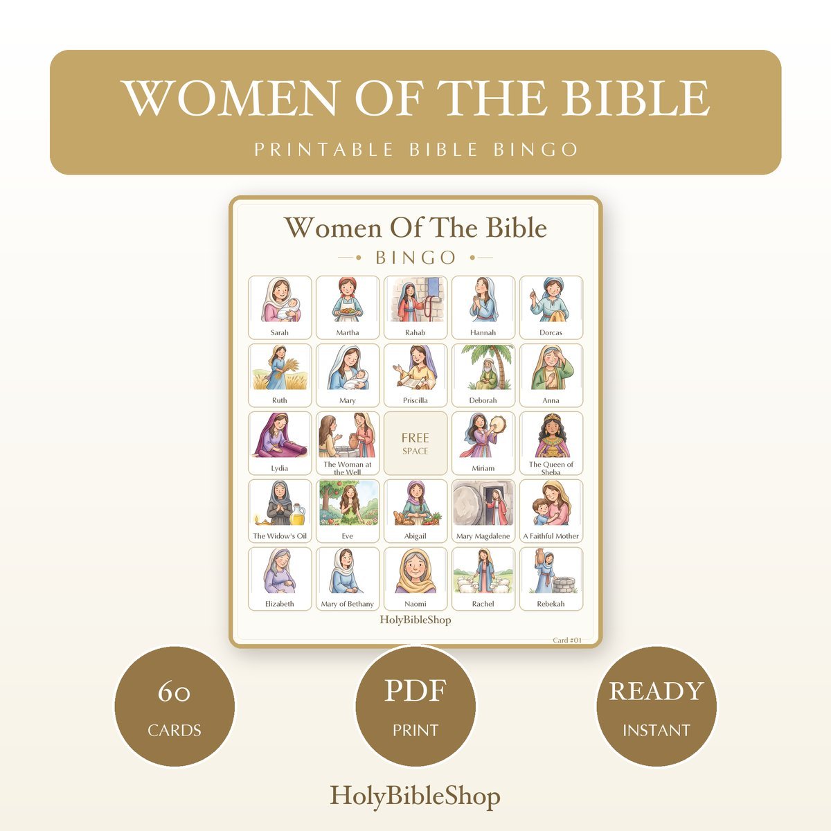 Women Of The Bible Bingo | Printable Bible Bingo Game for Kids | 60 Cards Sunday School VBS Christian Watercolor PDF
