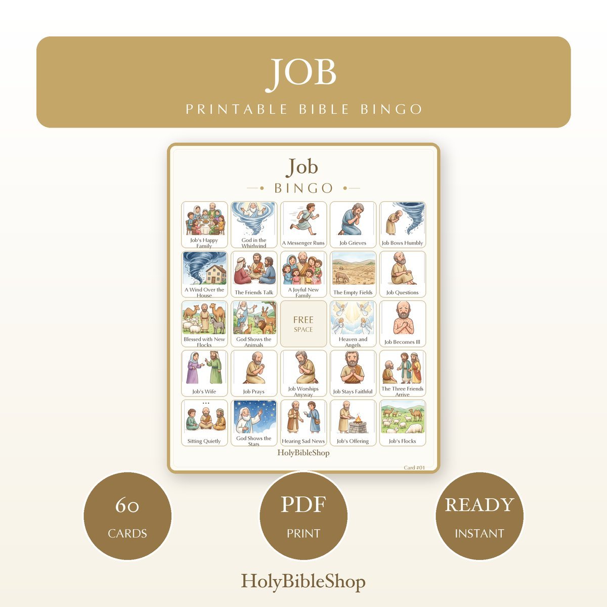 Job Bingo | Printable Bible Bingo Game for Kids | 60 Cards Sunday School VBS Christian Watercolor PDF