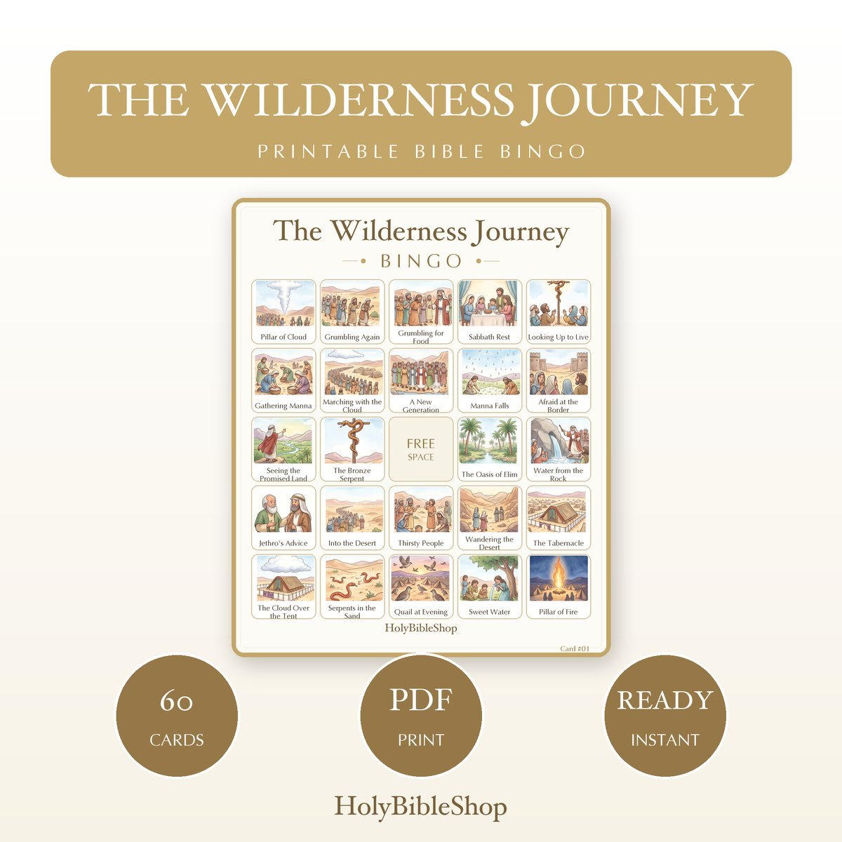 The Wilderness Journey Bingo | Printable Bible Bingo Game for Kids | 60 Cards Sunday School VBS Christian Watercolor PDF