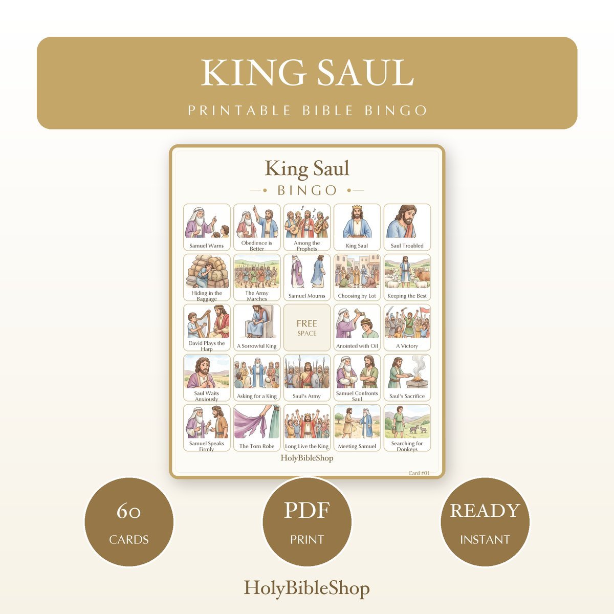King Saul Bingo | Printable Bible Bingo Game for Kids | 60 Cards Sunday School VBS Christian Watercolor PDF