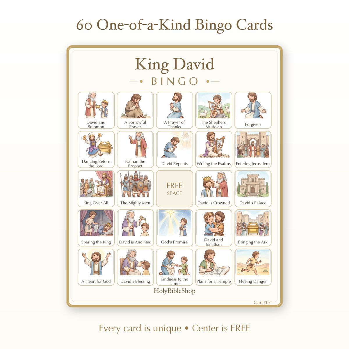 King David Bingo | Printable Bible Bingo Game for Kids | 60 Cards Sunday School VBS Christian Watercolor PDF — image 2