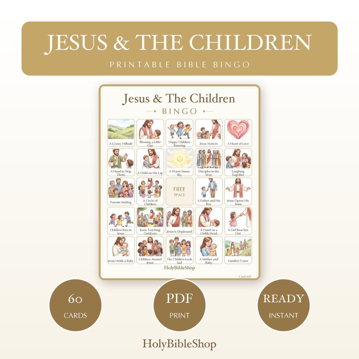 Jesus & The Children Bingo | Printable Bible Bingo Game for Kids | 60 Cards Sunday School VBS Christian Watercolor PDF