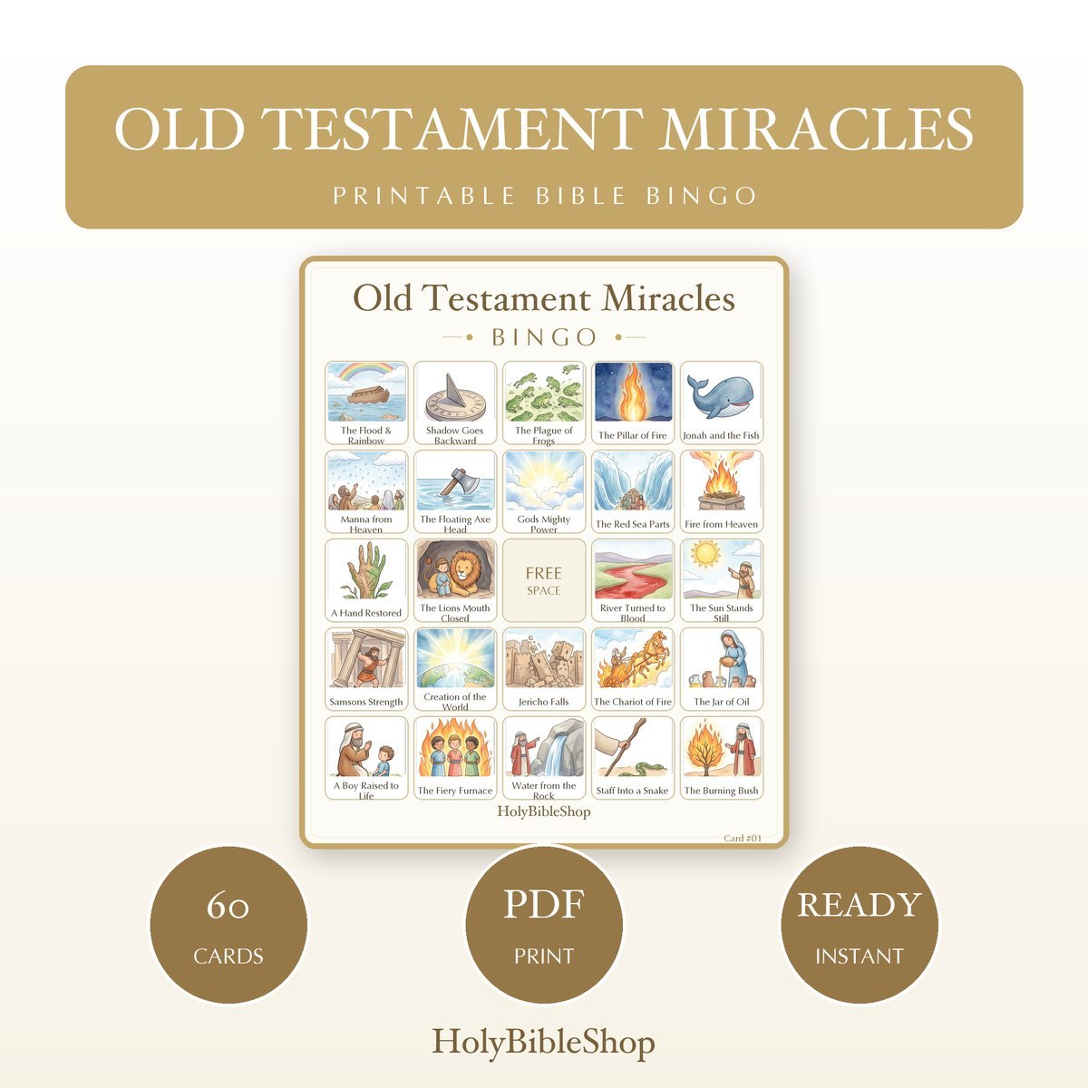 Old Testament Miracles Bingo | Printable Bible Bingo Game for Kids | 60 Cards Sunday School VBS Christian Watercolor PDF