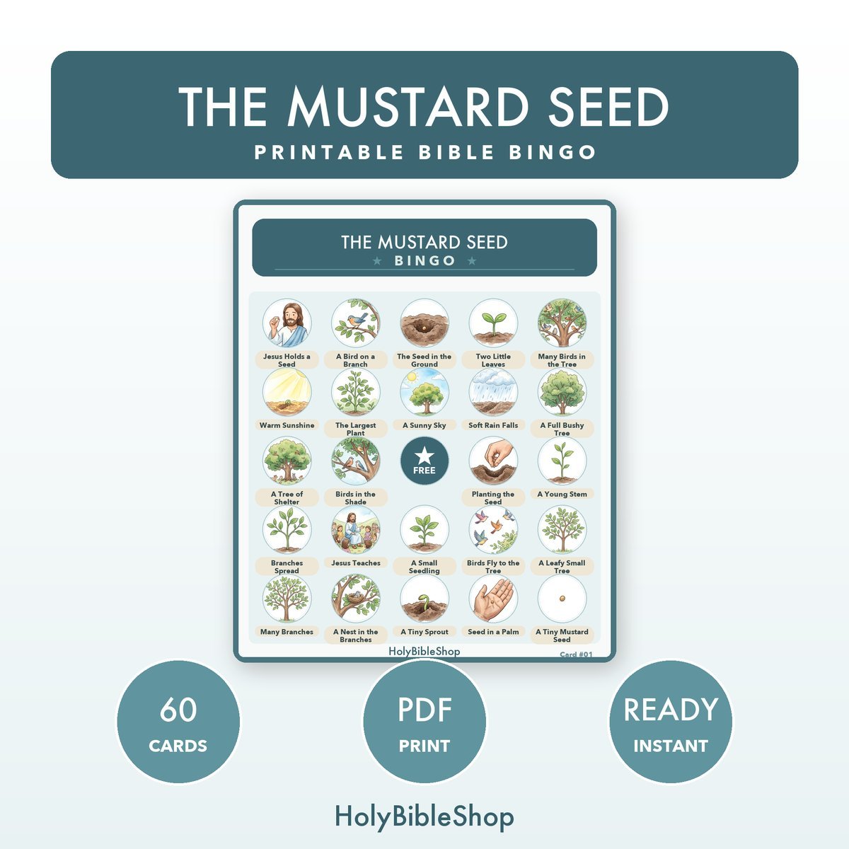 The Mustard Seed Bingo | Printable Bible Bingo Game for Kids | 60 Cards Sunday School VBS Christian Watercolor PDF