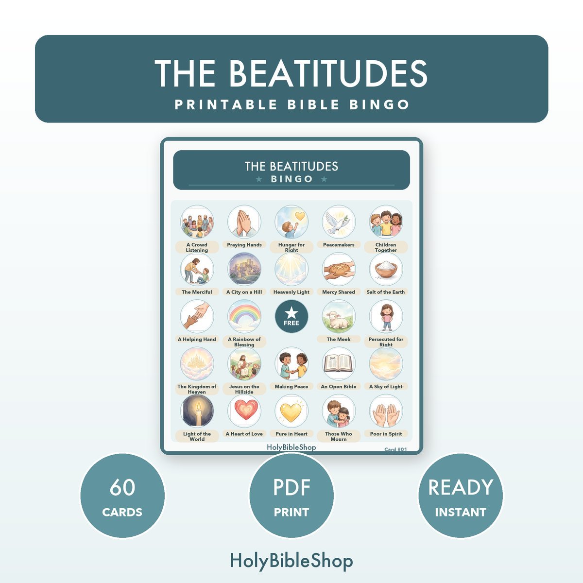 The Beatitudes Bingo | Printable Bible Bingo Game for Kids | 60 Cards Sunday School VBS Christian Watercolor PDF