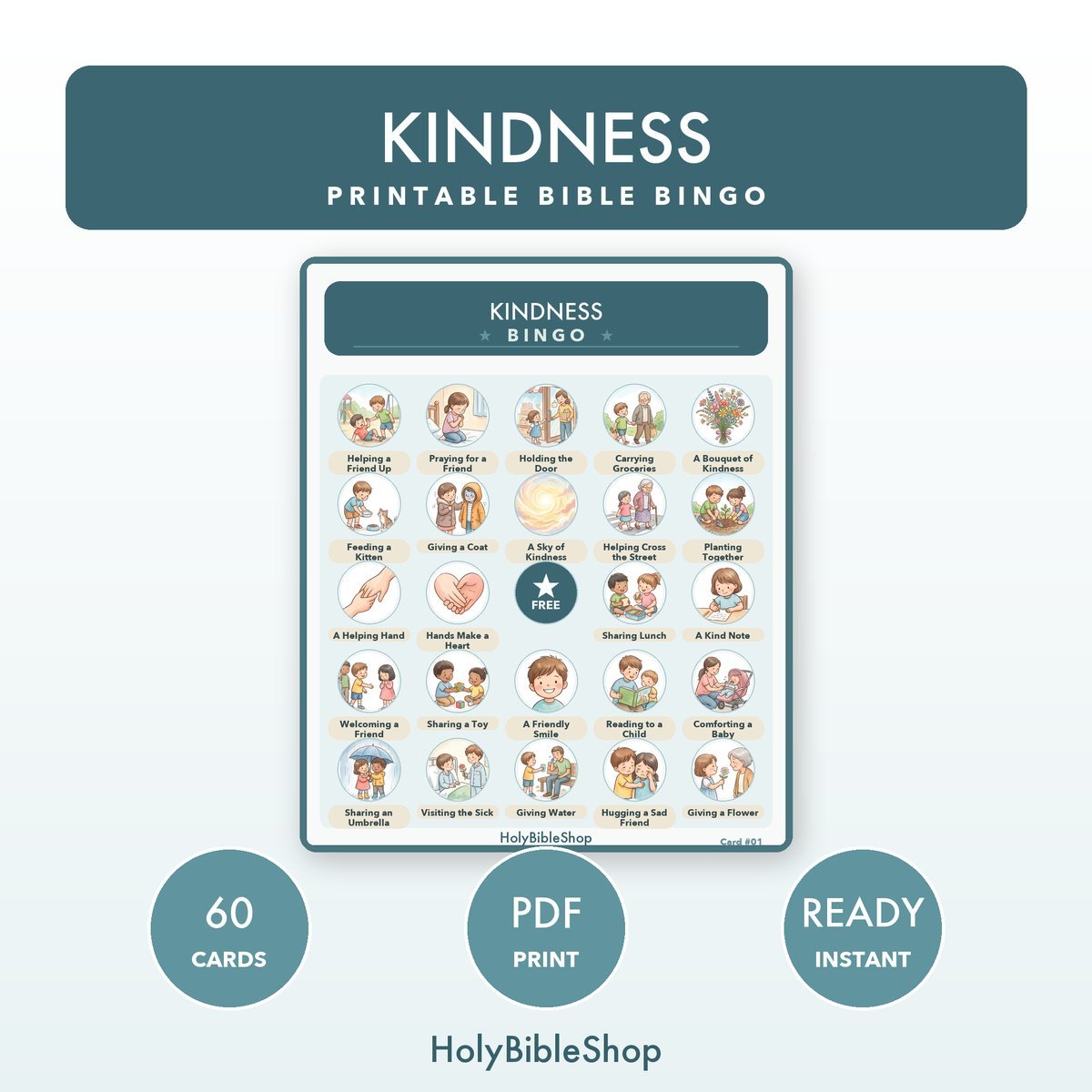 Kindness Bingo | Printable Bible Bingo Game for Kids | 60 Cards Sunday School VBS Christian Watercolor PDF