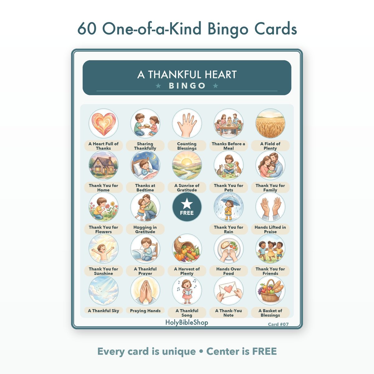 A Thankful Heart Bingo | Printable Bible Bingo Game for Kids | 60 Cards Sunday School VBS Christian Watercolor PDF — image 2