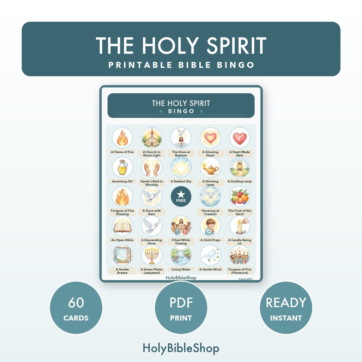 The Holy Spirit Bingo | Printable Bible Bingo Game for Kids | 60 Cards Sunday School VBS Christian Watercolor PDF